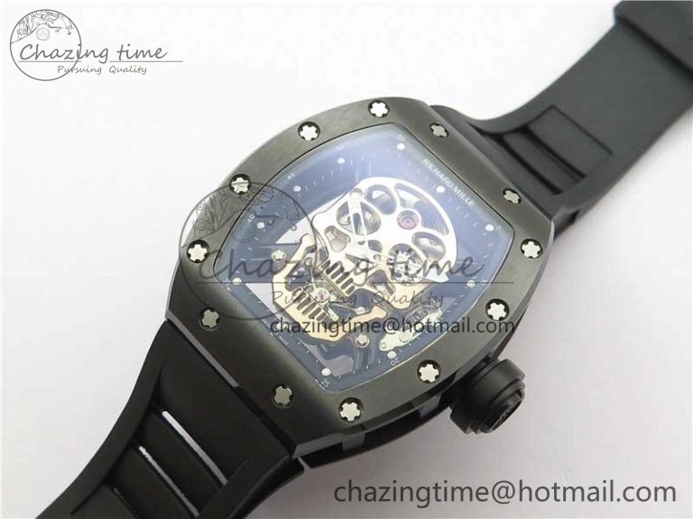 Youthful RM052 Skull Brushed Black Ceramic Real Tourbillon JBF 1:1 Best Edition RG Skull Dial on Black Rubber Strap 9406
