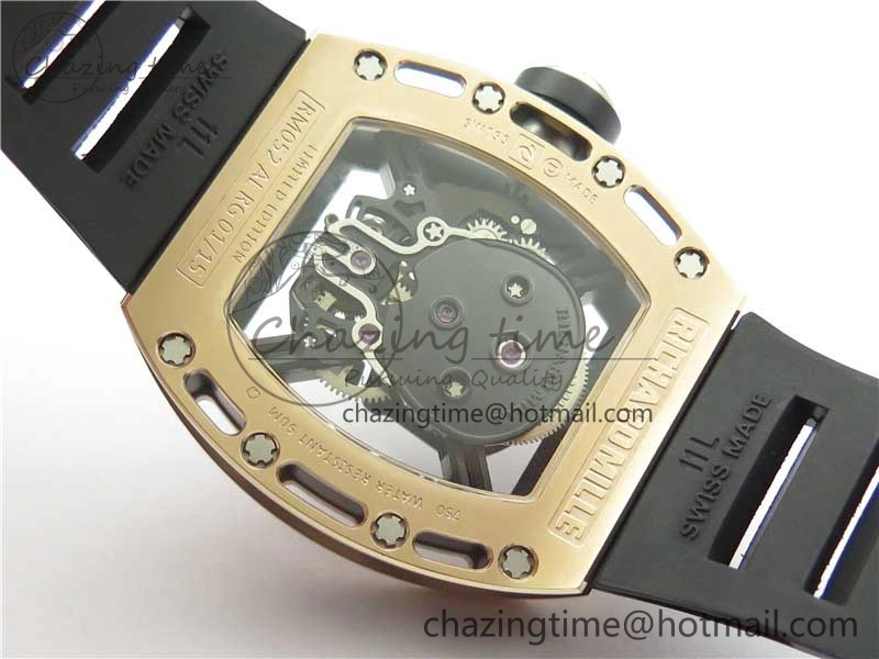 Packable RM052 Skull RG Real Tourbillon JBF 1:1 Best Edition Black Skull Dial on Black Rubber Strap 9405