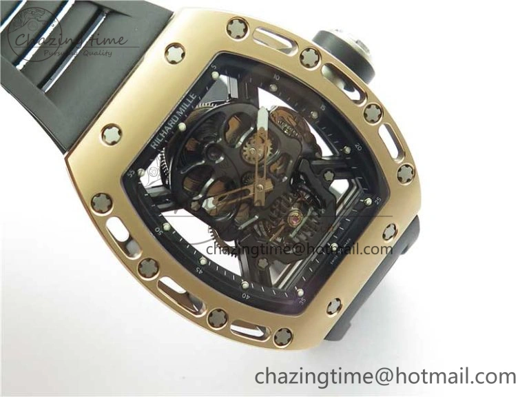 Packable RM052 Skull RG Real Tourbillon JBF 1:1 Best Edition Black Skull Dial on Black Rubber Strap 9405