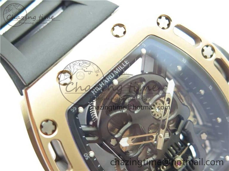 Packable RM052 Skull RG Real Tourbillon JBF 1:1 Best Edition Black Skull Dial on Black Rubber Strap 9405