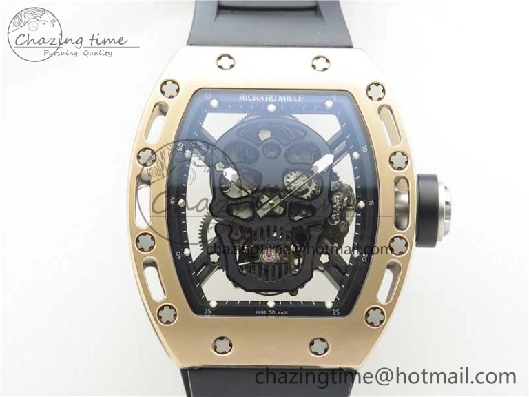 Packable RM052 Skull RG Real Tourbillon JBF 1:1 Best Edition Black Skull Dial on Black Rubber Strap 9405