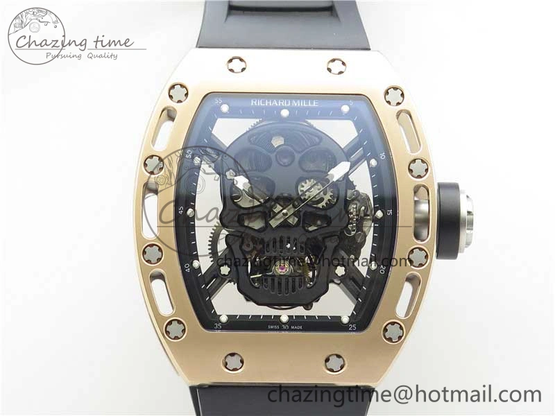 Packable RM052 Skull RG Real Tourbillon JBF 1:1 Best Edition Black Skull Dial on Black Rubber Strap 9405