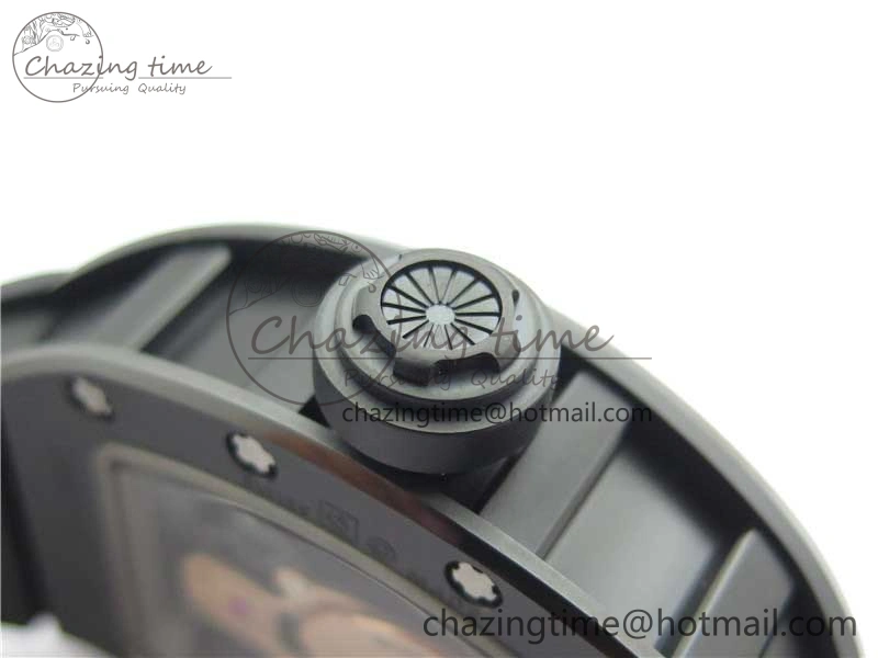 WrinkleFree RM052 Skull Sandblasted Black Ceramic Real Tourbillon JBF 1:1 Best Edition RG Skull Dial on Black Rubber Strap 9402