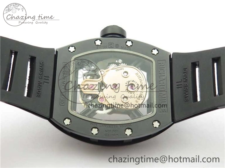 WrinkleFree RM052 Skull Sandblasted Black Ceramic Real Tourbillon JBF 1:1 Best Edition RG Skull Dial on Black Rubber Strap 9402