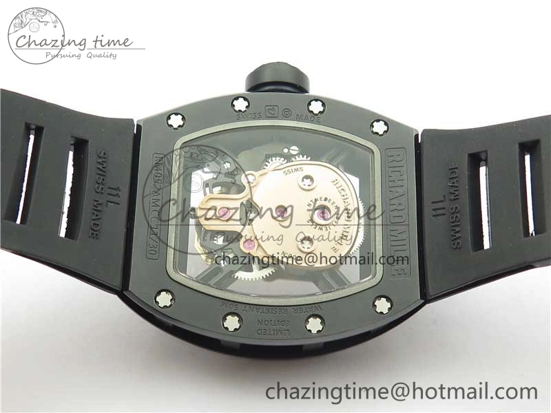 WrinkleFree RM052 Skull Sandblasted Black Ceramic Real Tourbillon JBF 1:1 Best Edition RG Skull Dial on Black Rubber Strap 9402