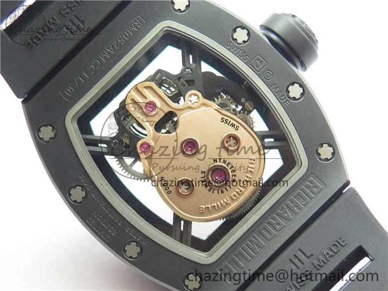 WrinkleFree RM052 Skull Sandblasted Black Ceramic Real Tourbillon JBF 1:1 Best Edition RG Skull Dial on Black Rubber Strap 9402