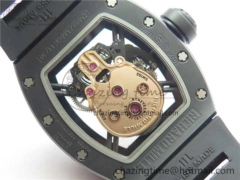 WrinkleFree RM052 Skull Sandblasted Black Ceramic Real Tourbillon JBF 1:1 Best Edition RG Skull Dial on Black Rubber Strap 9402