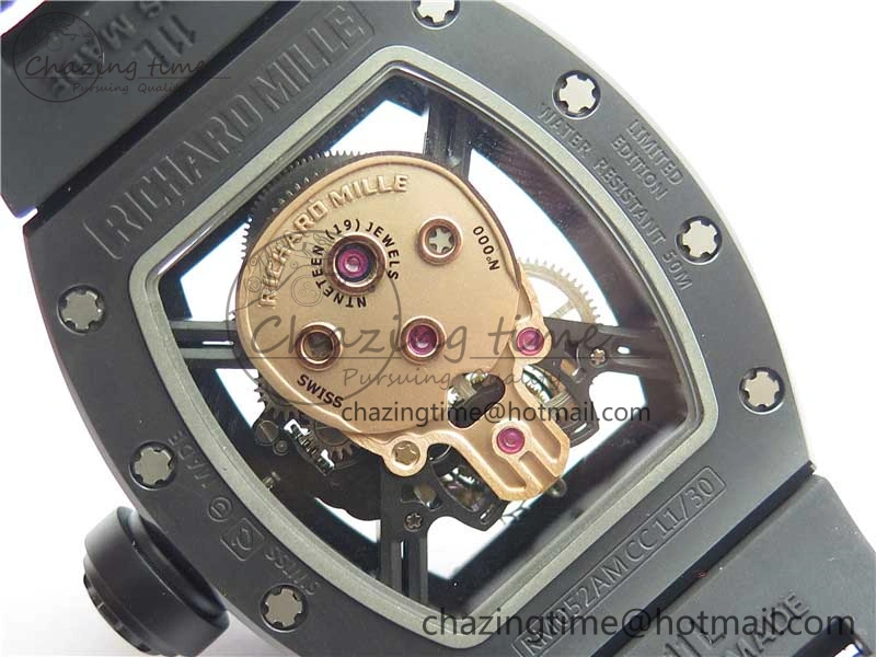 WrinkleFree RM052 Skull Sandblasted Black Ceramic Real Tourbillon JBF 1:1 Best Edition RG Skull Dial on Black Rubber Strap 9402