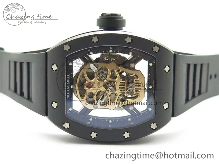 WrinkleFree RM052 Skull Sandblasted Black Ceramic Real Tourbillon JBF 1:1 Best Edition RG Skull Dial on Black Rubber Strap 9402
