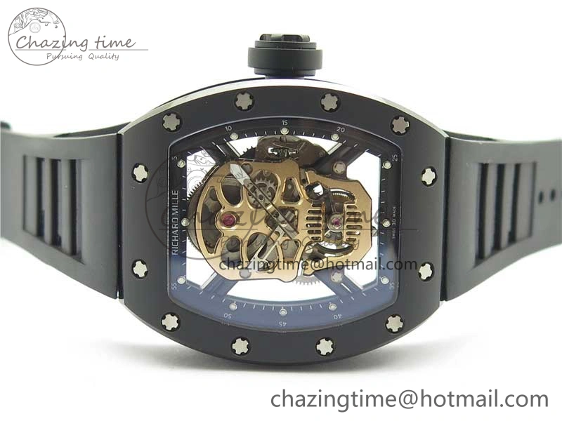 WrinkleFree RM052 Skull Sandblasted Black Ceramic Real Tourbillon JBF 1:1 Best Edition RG Skull Dial on Black Rubber Strap 9402