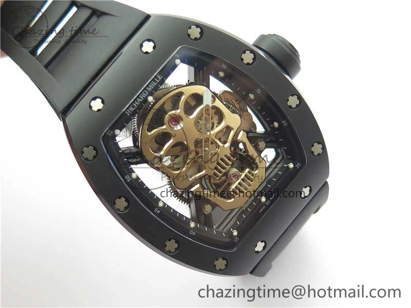 WrinkleFree RM052 Skull Sandblasted Black Ceramic Real Tourbillon JBF 1:1 Best Edition RG Skull Dial on Black Rubber Strap 9402