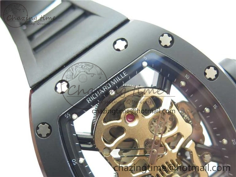 WrinkleFree RM052 Skull Sandblasted Black Ceramic Real Tourbillon JBF 1:1 Best Edition RG Skull Dial on Black Rubber Strap 9402