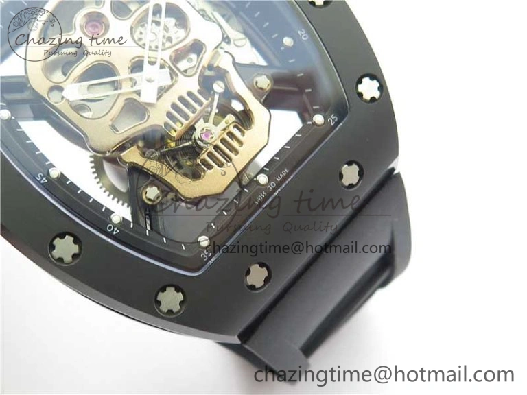 WrinkleFree RM052 Skull Sandblasted Black Ceramic Real Tourbillon JBF 1:1 Best Edition RG Skull Dial on Black Rubber Strap 9402