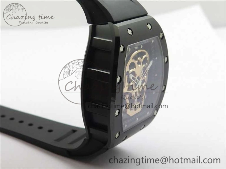 WrinkleFree RM052 Skull Sandblasted Black Ceramic Real Tourbillon JBF 1:1 Best Edition RG Skull Dial on Black Rubber Strap 9402