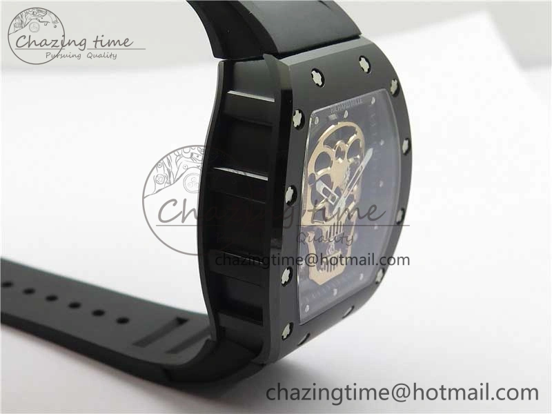 WrinkleFree RM052 Skull Sandblasted Black Ceramic Real Tourbillon JBF 1:1 Best Edition RG Skull Dial on Black Rubber Strap 9402