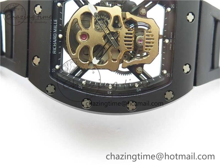 WrinkleFree RM052 Skull Sandblasted Black Ceramic Real Tourbillon JBF 1:1 Best Edition RG Skull Dial on Black Rubber Strap 9402