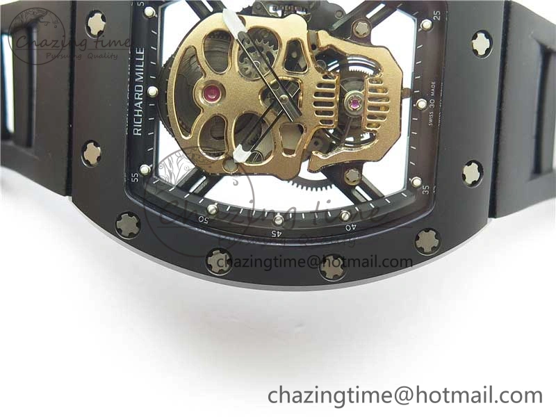 WrinkleFree RM052 Skull Sandblasted Black Ceramic Real Tourbillon JBF 1:1 Best Edition RG Skull Dial on Black Rubber Strap 9402