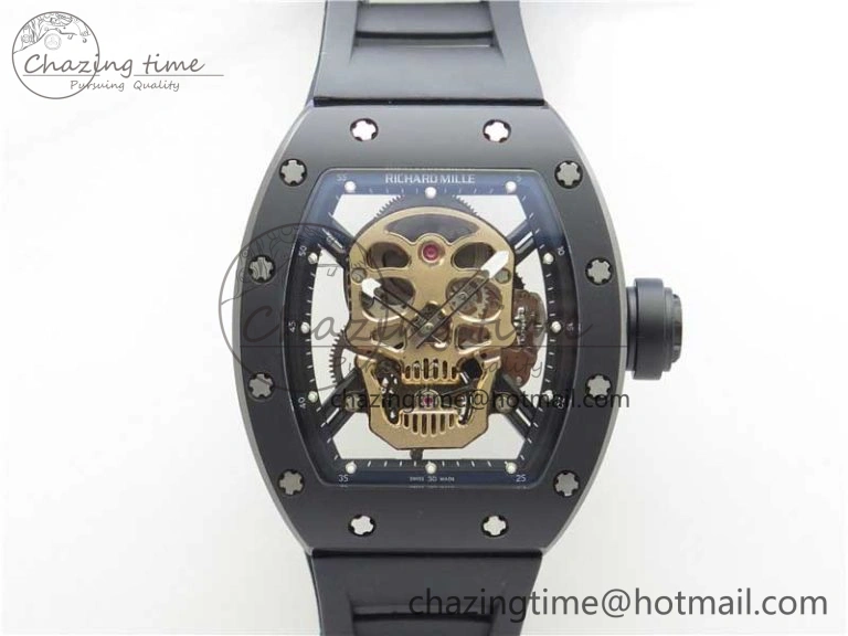 WrinkleFree RM052 Skull Sandblasted Black Ceramic Real Tourbillon JBF 1:1 Best Edition RG Skull Dial on Black Rubber Strap 9402