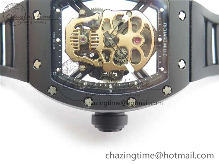 WrinkleFree RM052 Skull Sandblasted Black Ceramic Real Tourbillon JBF 1:1 Best Edition RG Skull Dial on Black Rubber Strap 9402