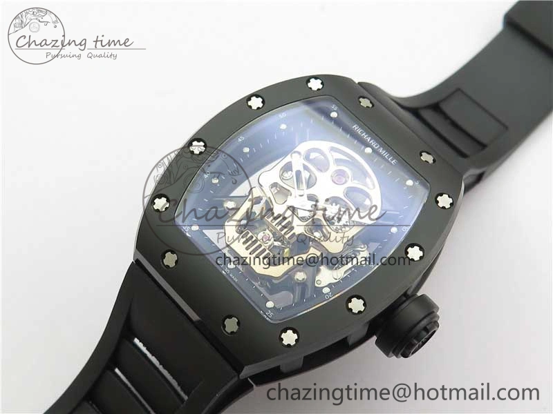WrinkleFree RM052 Skull Sandblasted Black Ceramic Real Tourbillon JBF 1:1 Best Edition RG Skull Dial on Black Rubber Strap 9402
