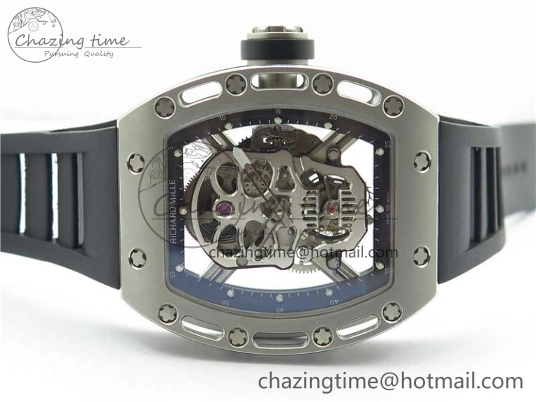 RM052 Skull Titanium Real Tourbillon JBF 1:1 Best Edition Skull Dial on Black Rubber Strap Thermal 9403