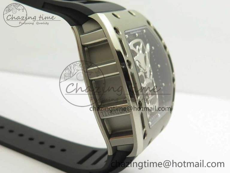 Casual RM052 Titanium Real Tourbillon EURF Best Edition Skeleton Skull Dial on Black Rubber Strap 9459
