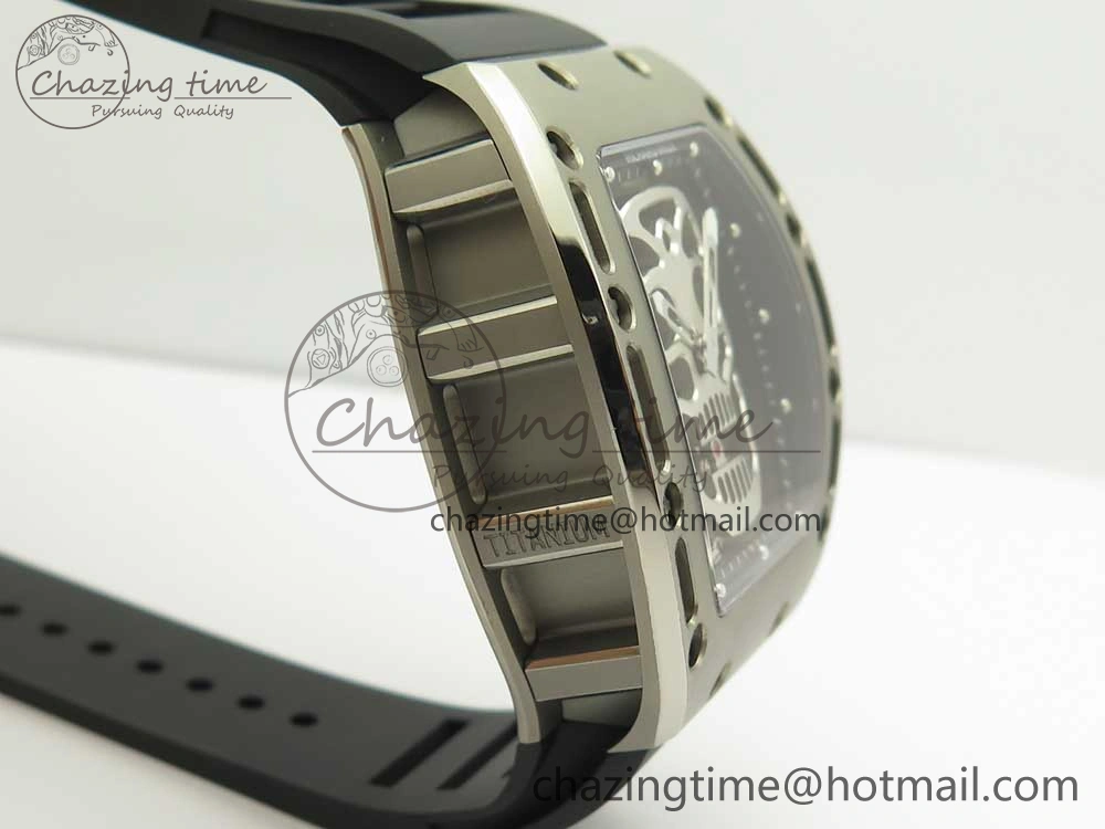 Casual RM052 Titanium Real Tourbillon EURF Best Edition Skeleton Skull Dial on Black Rubber Strap 9459