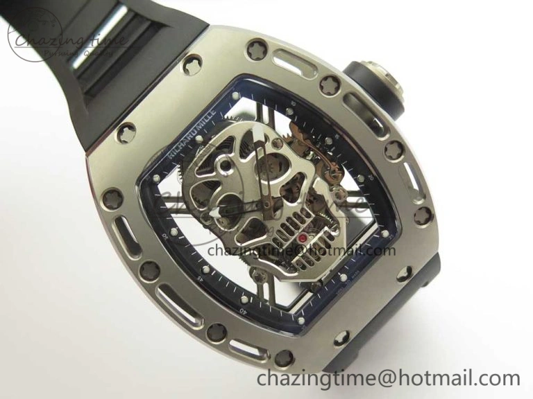 Casual RM052 Titanium Real Tourbillon EURF Best Edition Skeleton Skull Dial on Black Rubber Strap 9459