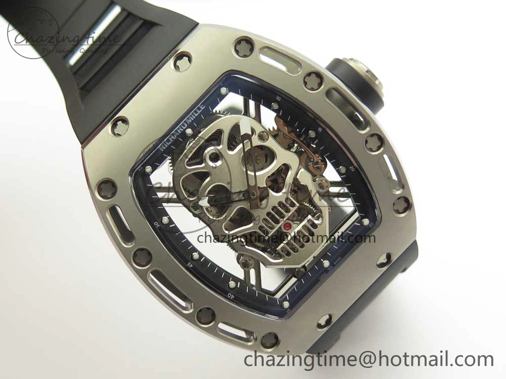 Casual RM052 Titanium Real Tourbillon EURF Best Edition Skeleton Skull Dial on Black Rubber Strap 9459