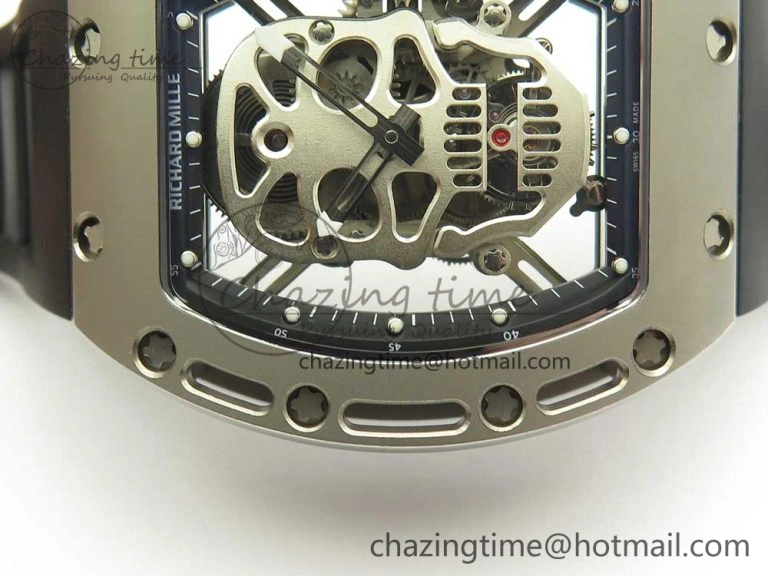 Casual RM052 Titanium Real Tourbillon EURF Best Edition Skeleton Skull Dial on Black Rubber Strap 9459