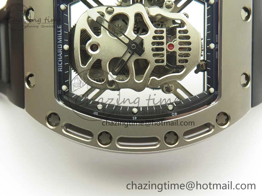 Casual RM052 Titanium Real Tourbillon EURF Best Edition Skeleton Skull Dial on Black Rubber Strap 9459