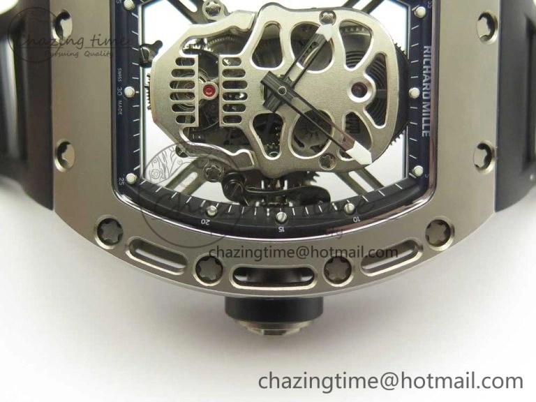 Casual RM052 Titanium Real Tourbillon EURF Best Edition Skeleton Skull Dial on Black Rubber Strap 9459