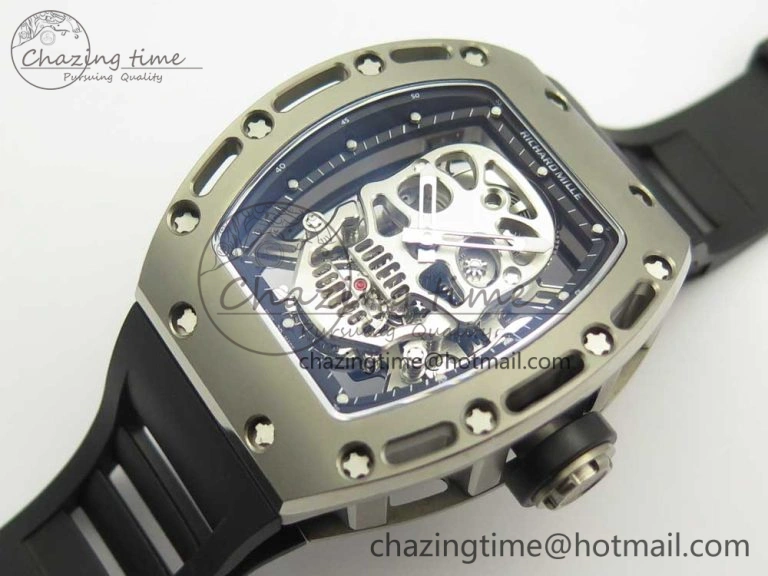 Casual RM052 Titanium Real Tourbillon EURF Best Edition Skeleton Skull Dial on Black Rubber Strap 9459