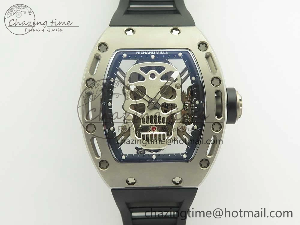 Casual RM052 Titanium Real Tourbillon EURF Best Edition Skeleton Skull Dial on Black Rubber Strap 9459