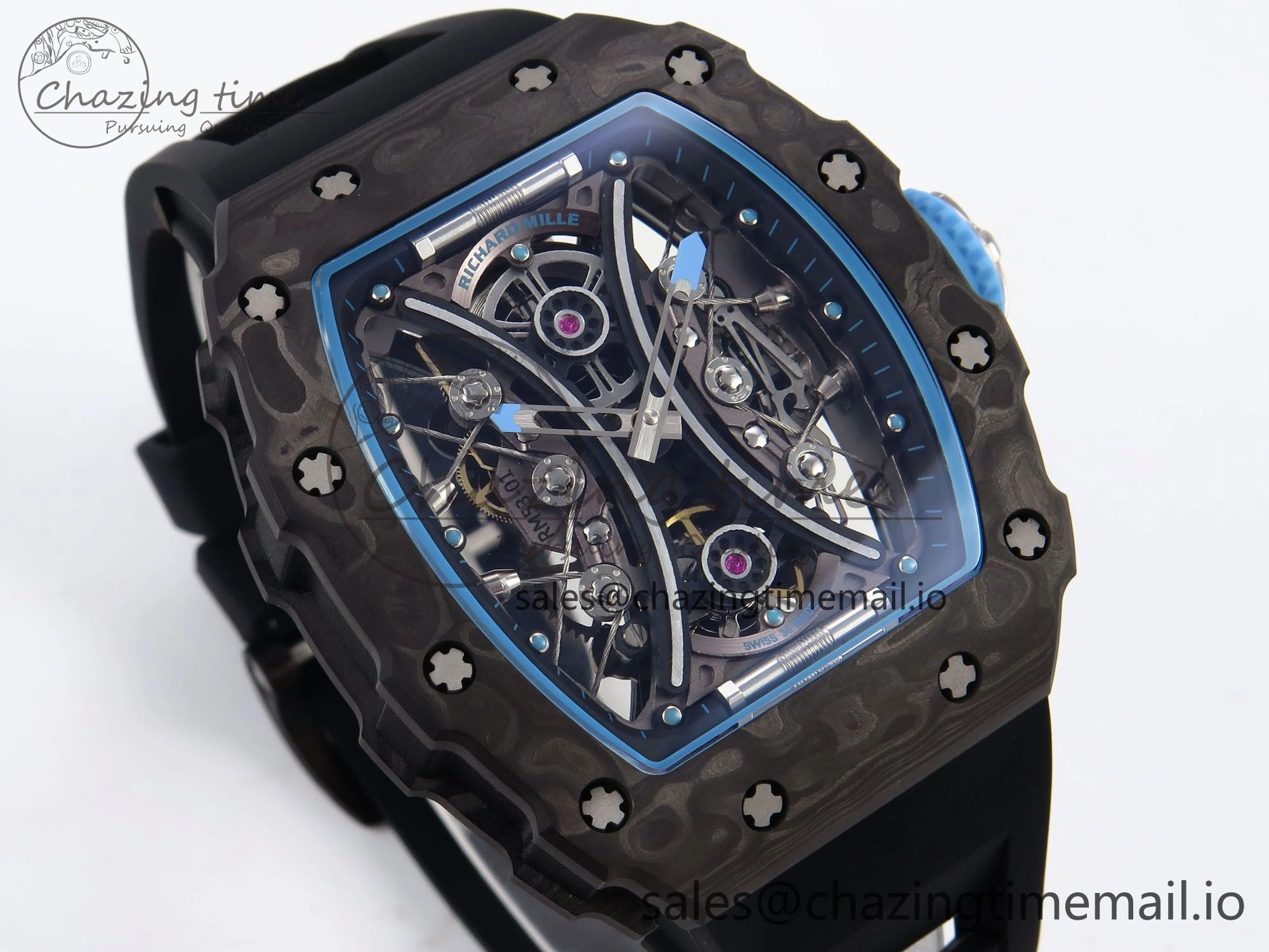 Elegant RM053-01 Real Forge Carbon JBF Best Edition Skeleton Dial on Black Rubber Strap Asian Movement 9256
