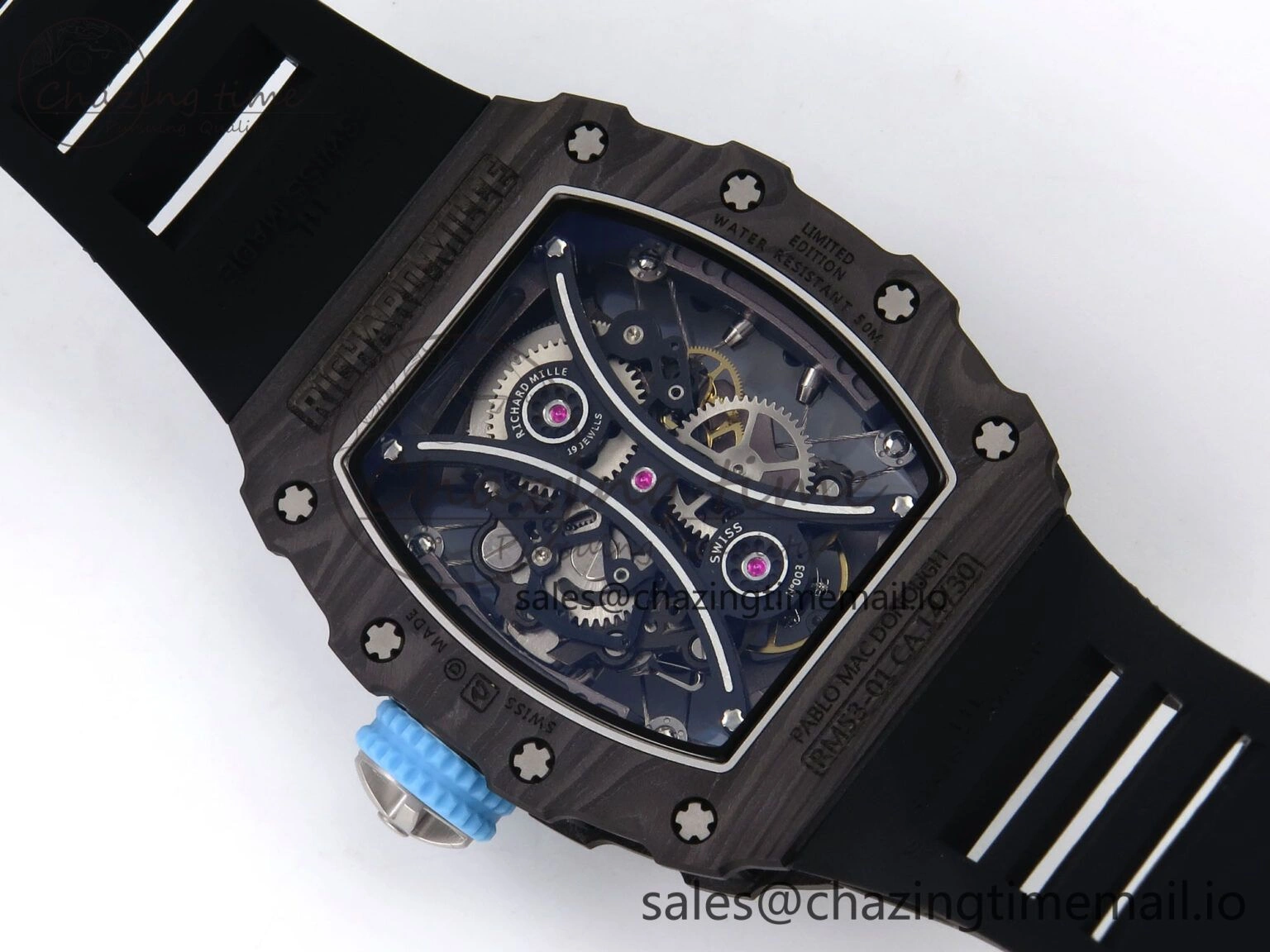 Elegant RM053-01 Real Forge Carbon JBF Best Edition Skeleton Dial on Black Rubber Strap Asian Movement 9256