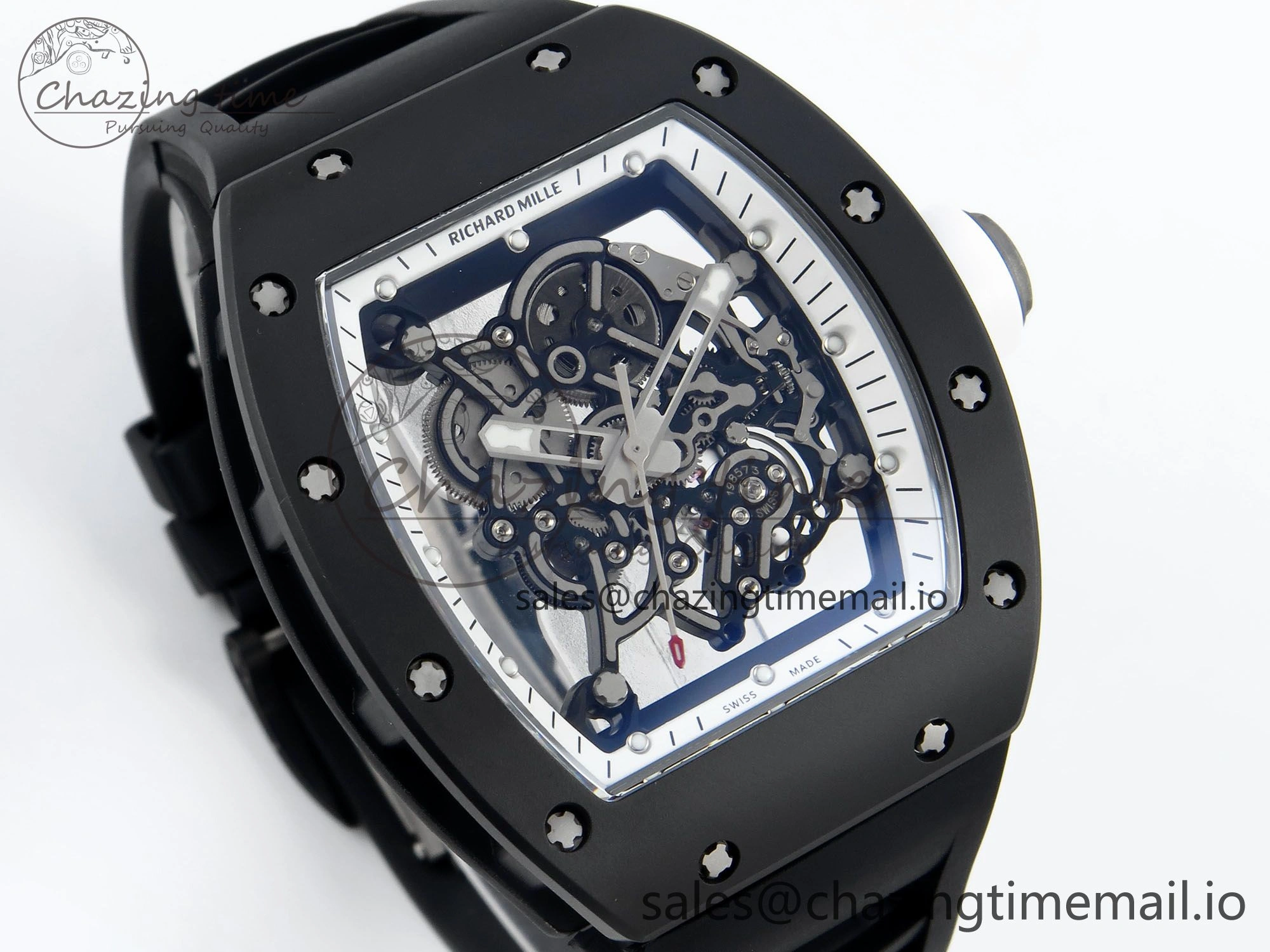 OdorResistant RM055 Black Ceramic RMF Best Edition White Skeleton Dial On Black Rubber Strap RMUL2 Super Clone 9218