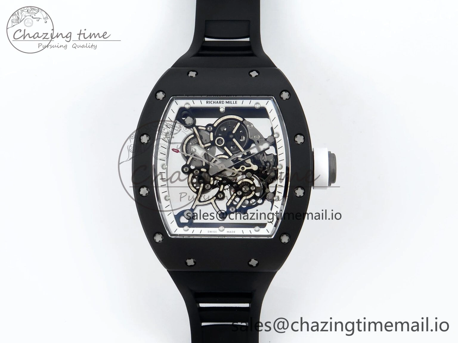 OdorResistant RM055 Black Ceramic RMF Best Edition White Skeleton Dial On Black Rubber Strap RMUL2 Super Clone 9218