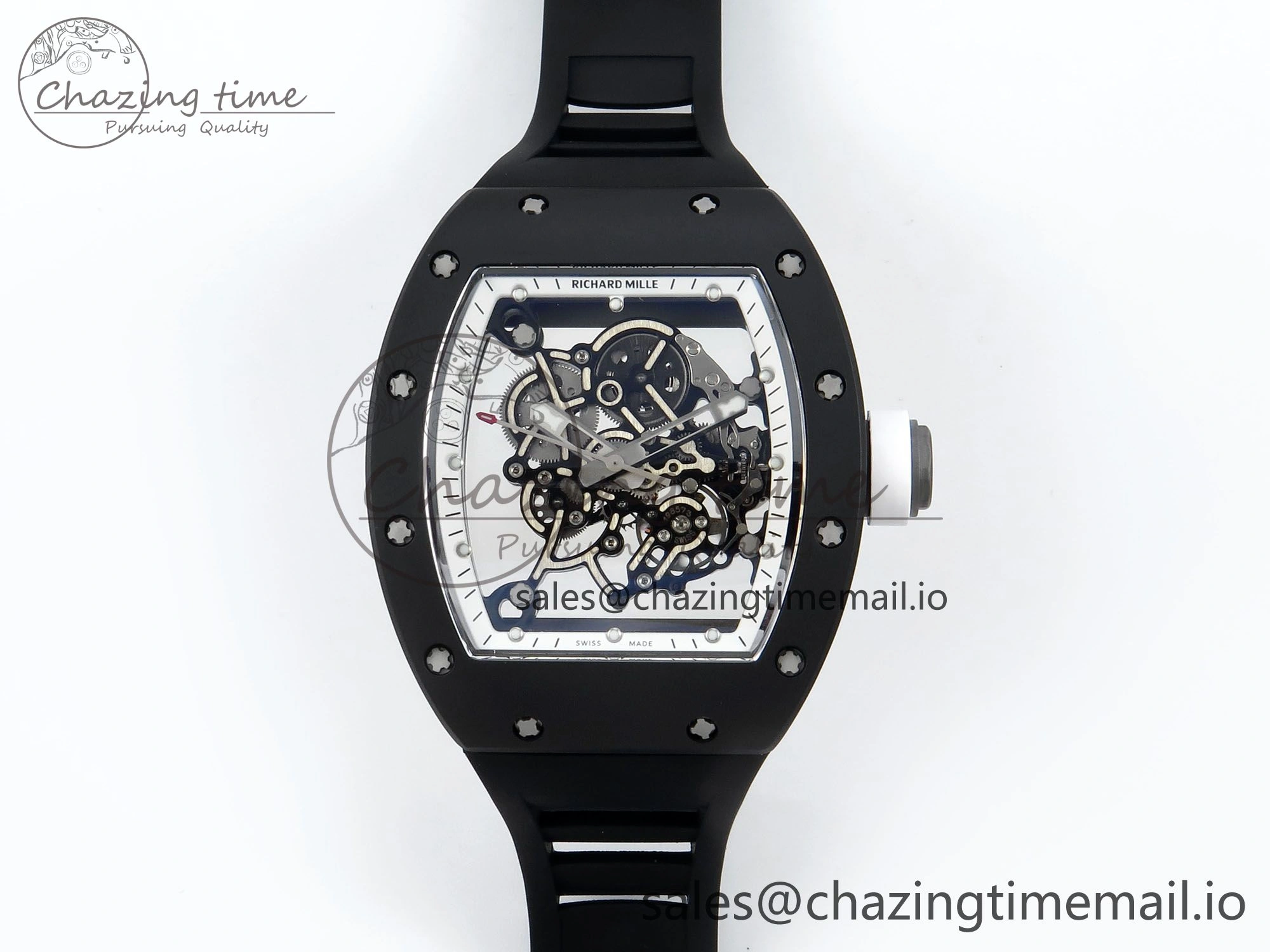 OdorResistant RM055 Black Ceramic RMF Best Edition White Skeleton Dial On Black Rubber Strap RMUL2 Super Clone 9218