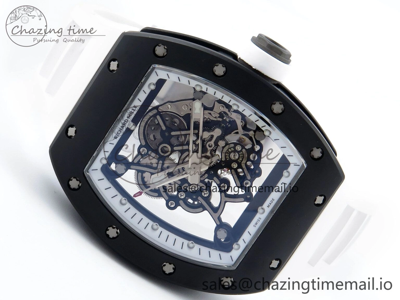 RM055 Black Ceramic RMF Best Edition White Skeleton Dial On White Rubber Strap RMUL2 Super Clone StreetReady 9219
