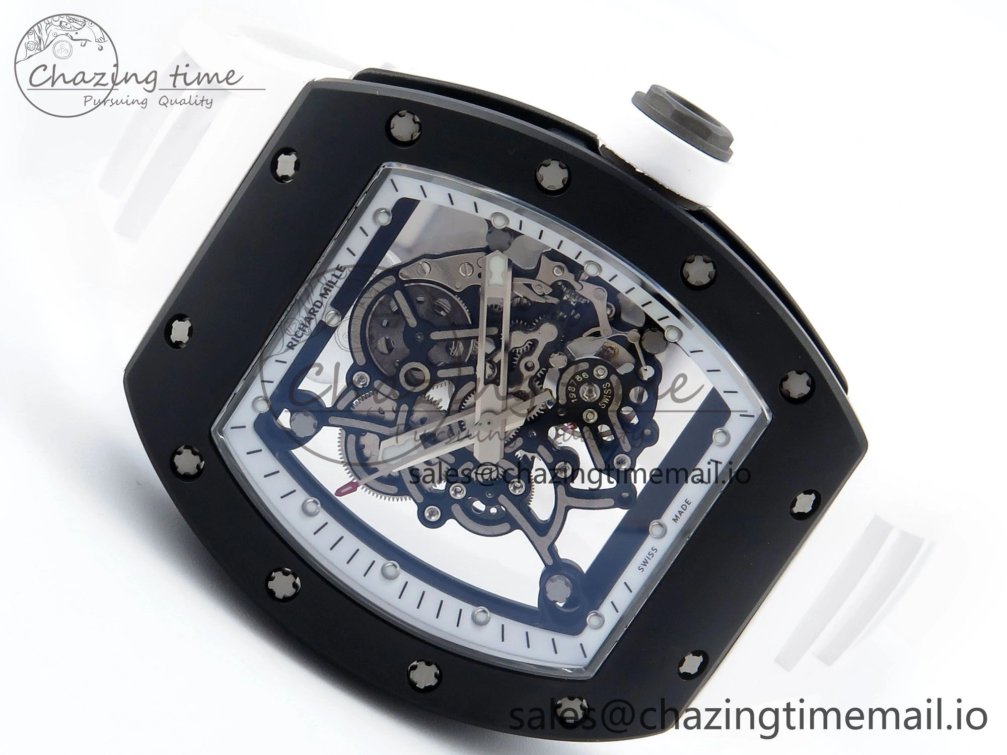 RM055 Black Ceramic RMF Best Edition White Skeleton Dial On White Rubber Strap RMUL2 Super Clone StreetReady 9219
