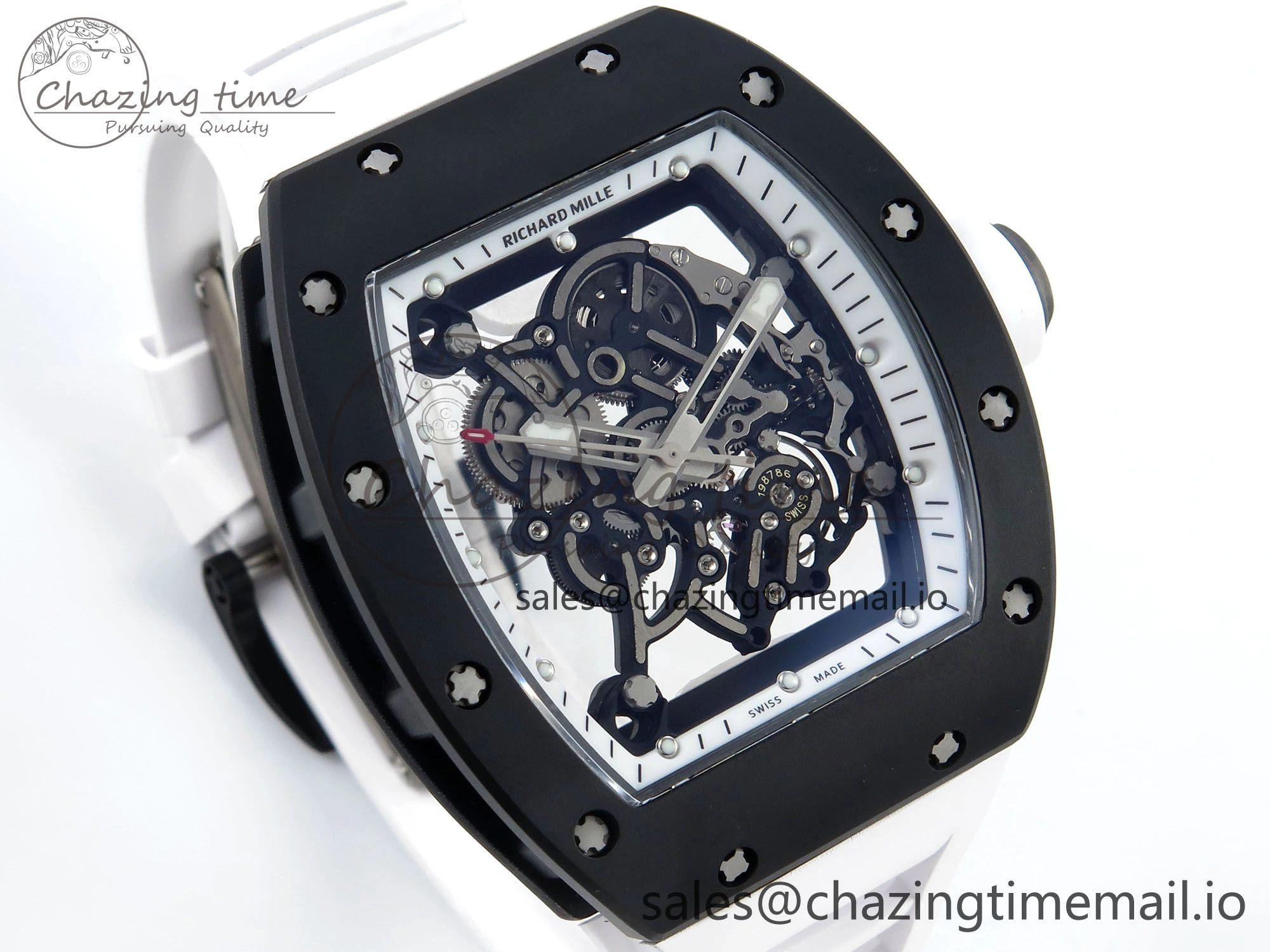 RM055 Black Ceramic RMF Best Edition White Skeleton Dial On White Rubber Strap RMUL2 Super Clone StreetReady 9219