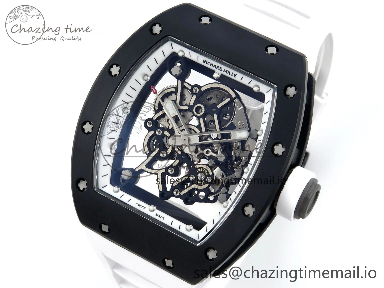 RM055 Black Ceramic RMF Best Edition White Skeleton Dial On White Rubber Strap RMUL2 Super Clone StreetReady 9219