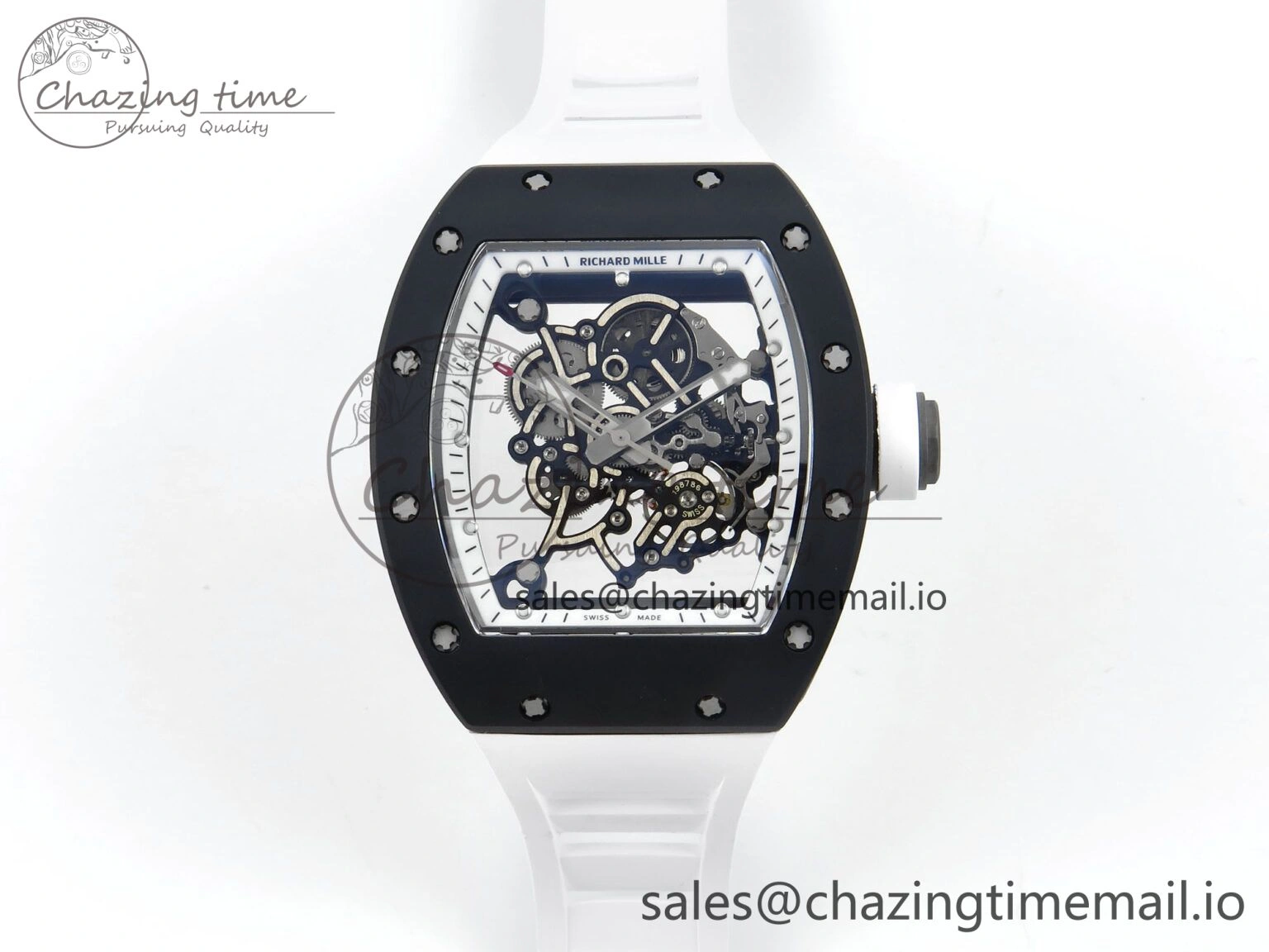 RM055 Black Ceramic RMF Best Edition White Skeleton Dial On White Rubber Strap RMUL2 Super Clone StreetReady 9219