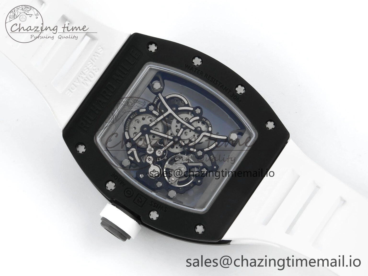 RM055 Black Ceramic RMF Best Edition White Skeleton Dial On White Rubber Strap RMUL2 Super Clone StreetReady 9219