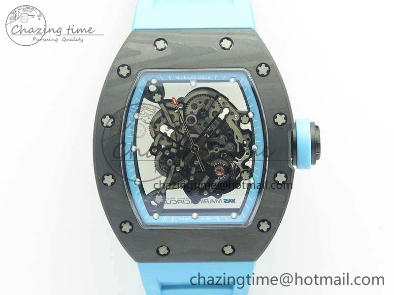 Timeless RM055 Carbon Case KVF Best Edition Skeleton Dial Blue Crown On Blue Rubber Strap MIYOTA 9495