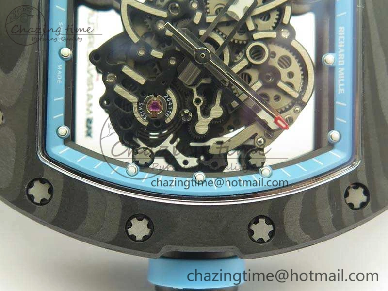 Functional RM055 Carbon Case KVF Best Edition Skeleton Dial Blue Crown On Rubber Strap MIYOTA 9496