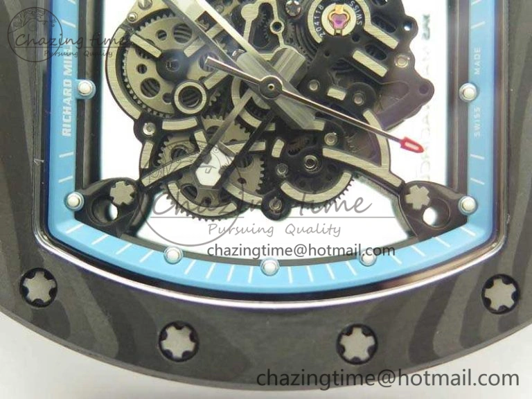 Functional RM055 Carbon Case KVF Best Edition Skeleton Dial Blue Crown On Rubber Strap MIYOTA 9496