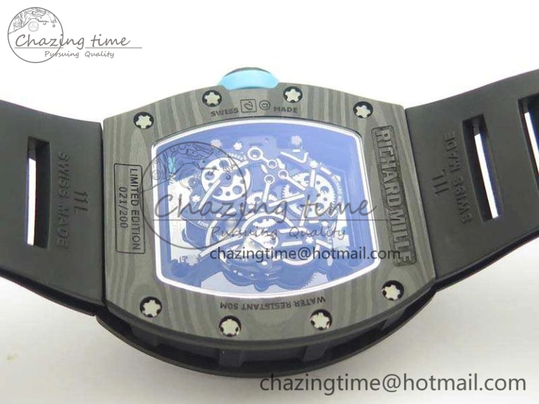 Functional RM055 Carbon Case KVF Best Edition Skeleton Dial Blue Crown On Rubber Strap MIYOTA 9496