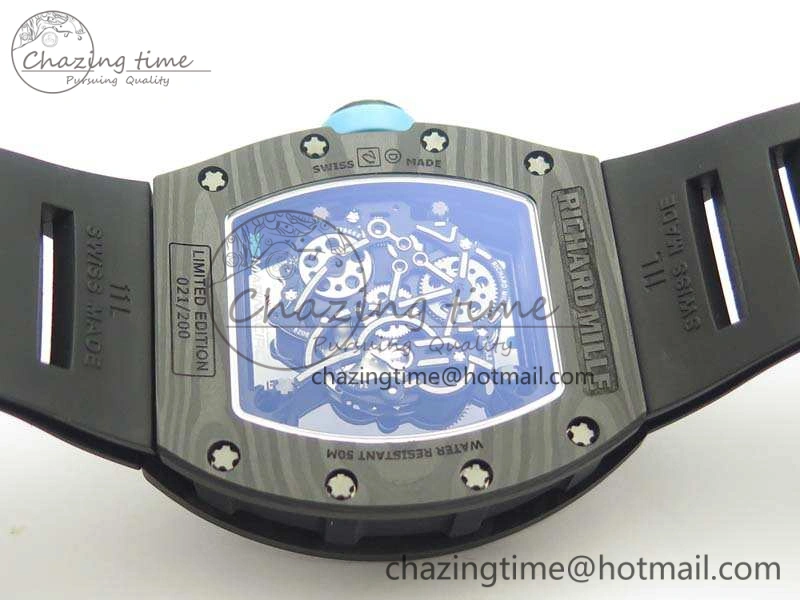 Functional RM055 Carbon Case KVF Best Edition Skeleton Dial Blue Crown On Rubber Strap MIYOTA 9496